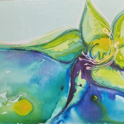 This flowing acrylic painting, predominantly in relaxing blues and greens, has accents of warm, bright colour to spark interest and provide energy.