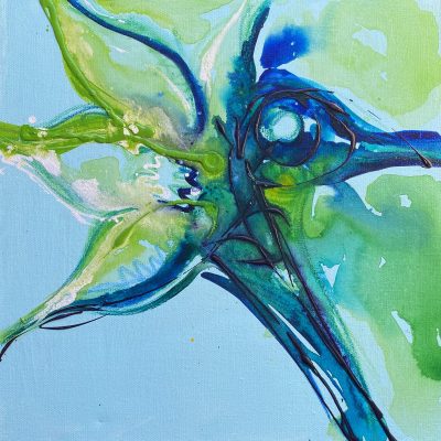 This flowing acrylic painting, in relaxing blues and greens, has peaceful and relaxing energy. Texture highlights provide interest.