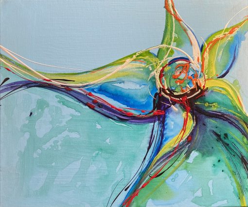 Floral inspired painting with flowing style in colours of blue and green predominantly, with accents of warm colours.